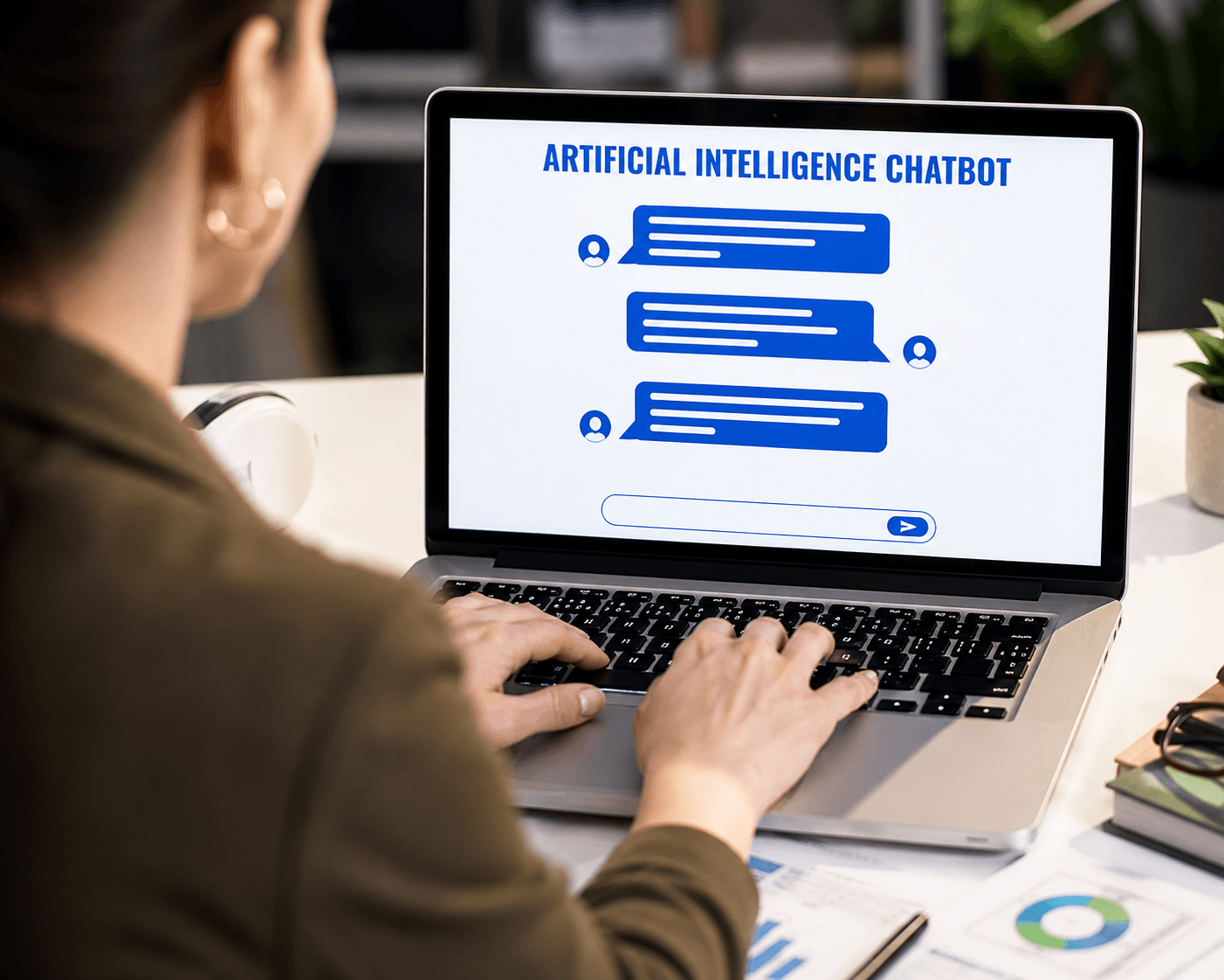 Customer support agent working alongside an AI chatbot dashboard on a computer