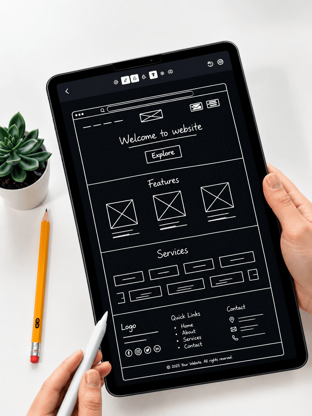 UI/UX designer reviewing app interface mockups on a tablet and monitor